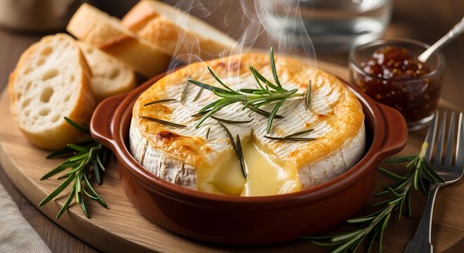 Delicious baked camembert cheese with herbs served on wooden plate with bread