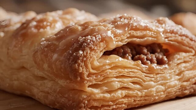 Closeup of a delicious flaky pastry filled with nuts and dusted with powdered sugar.