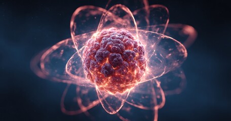 Obraz premium Abstract illustration of atomic structure with glowing nucleus and orbiting particles