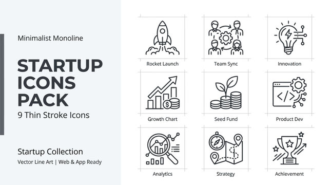 Minimalist Monoline Startup Icons Pack featuring 9 Thin Stroke Icons for Business and Technology Concepts.