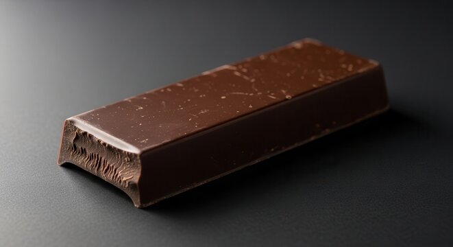 A single, rich dark chocolate bar resting on a dark, moody background, studio lighting.