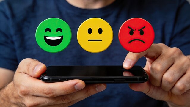 Man selecting angry emoji on smartphone screen for customer satisfaction survey, negative feedback rating, bad service experience concept