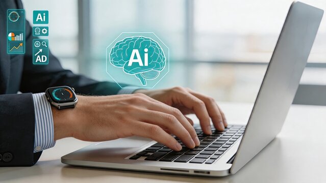 Person typing on laptop keyboard with artificial intelligence brain icon overlay, machine learning technology, AI software development and innovation concept