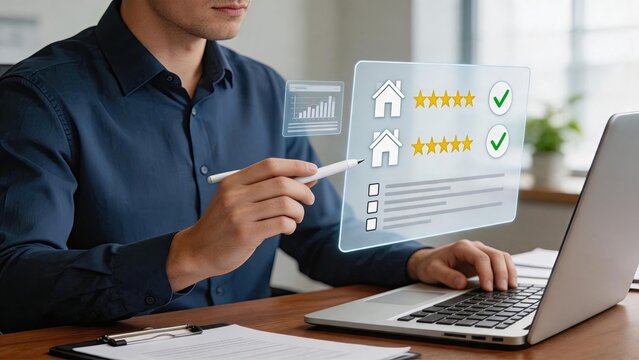 Real estate agent analyzing property ratings on virtual screen, house evaluation with stars, home buying selling and investment analysis concept