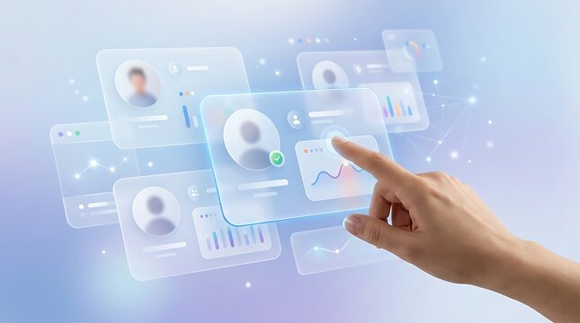 Hand interacting with a digital interface showing profiles and data charts for human resources and talent management analysis