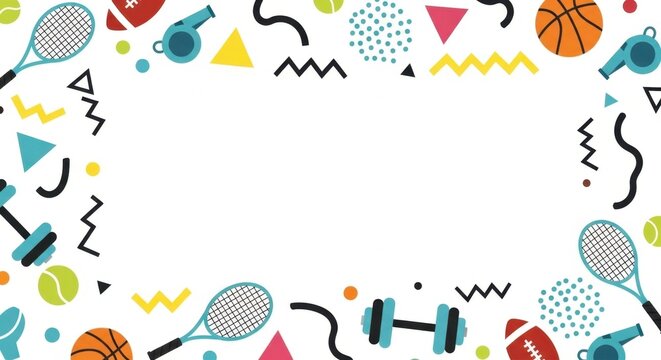 Abstract sports background with equipment doodles and geometric shapes in colorful layout.