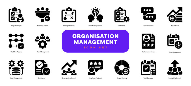 Organisation Management Glyph Icon, Solid Symbol for Corporate Structure, Team Coordination, Strategic Planning, Resource Allocation, and Enterprise Leadership. Vector Sign Icon.