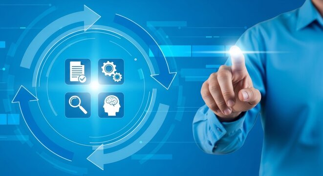 Feedback loop with continuous improvement, problem solving, monitoring, analysis, optimization, and decision making on digital process concept.
