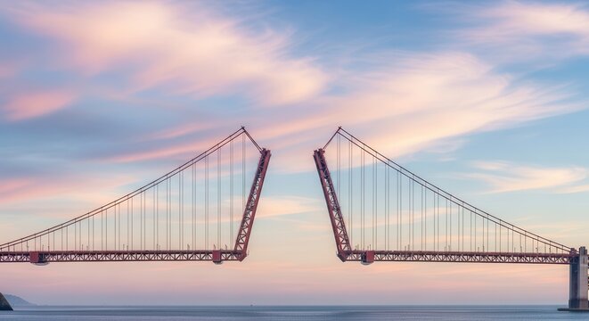A majestic drawbridge opening against a beautiful pastel sunset sky.