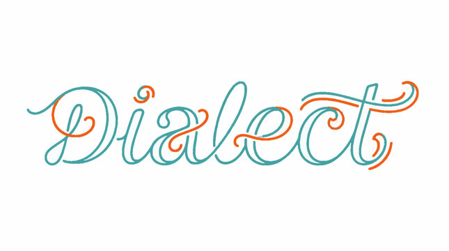 Dialect word written in a stylized cursive script with teal and orange outlines on a white background