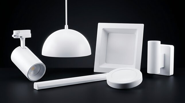 Set of modern white LED lighting fixtures including pendant lamp spotlight and recessed downlight for architectural interiors