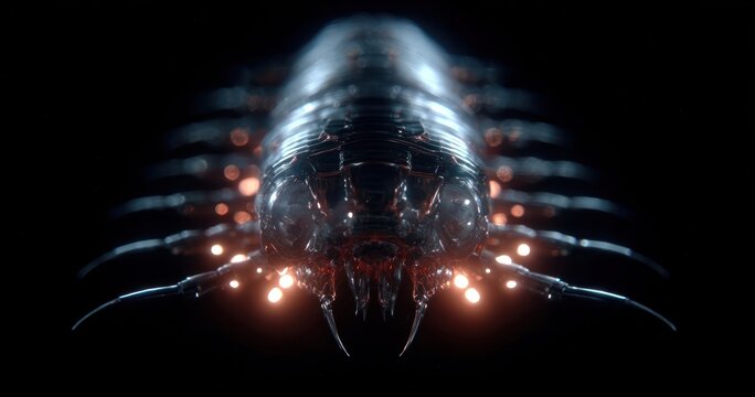 Abstract cgi render of a centipede creature with bioluminescent lights on black background