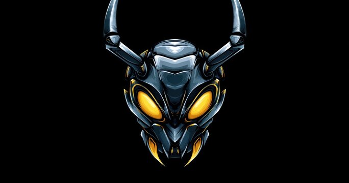 Abstract illustration of a metallic insect head with glowing eyes on a dark background