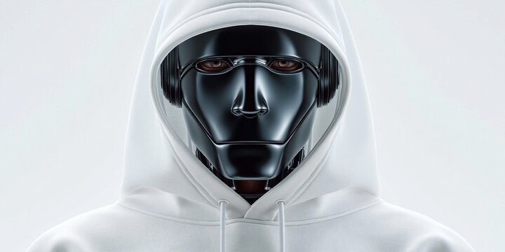 Close-up of a sleek black robot head wearing a white hoodie