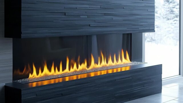 selective focus sleek built in wall fireplace with modern minimalist design and refined finishes