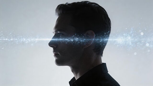Silhouette of man head profile with glowing blue neural network inside brain, artificial intelligence and human mind connection, futuristic technology concept representing