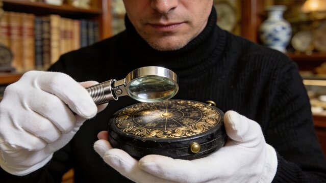 Expert appraiser examining antique ornate compass with magnifying glass wearing white gloves, vintage navigation instrument valuation, historical artifact inspection in museum or
