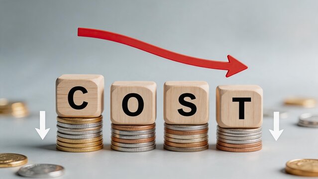 Cost reduction concept with wooden blocks and coins, financial savings arrow pointing down, budget management strategy, expense control illustration for business economy and