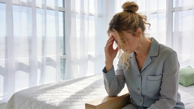 Woman suffering from headache and stress in bedroom morning light, health problem concept, mental fatigue and insomnia symptoms, lifestyle portrait of young female feeling unwell