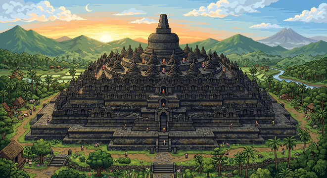 Pixel Art Illustration of Majestic Borobudur Temple at Sunrise with Mountains and Nature Landscape