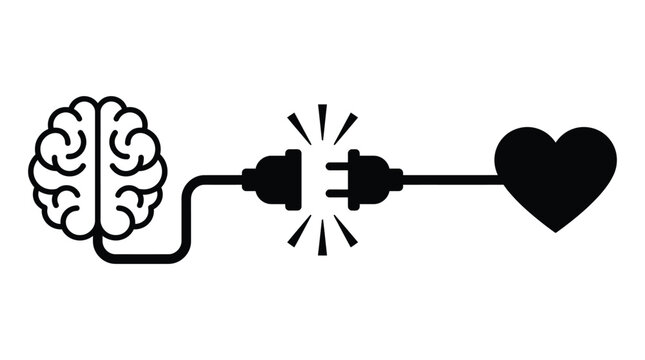 Conceptual illustration depicting the connection between the human brain and the heart through electrical plugs