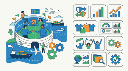 Naklejka premium Modern vector illustration showing a stadium integrated with global logistics including cargo ships, airplanes, and gears, accompanied by a collection of business data icons.