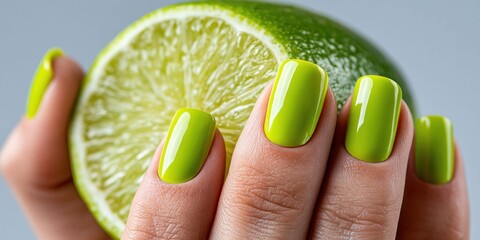 Obraz premium Green nails with lime close up refreshing summer vibe