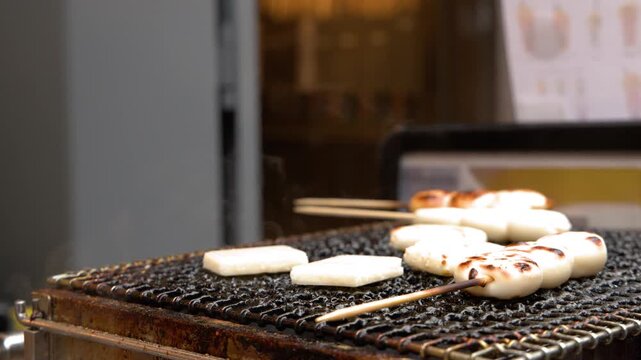 Japanese Mochi and Dango Grilling on Charcoal at Tsukiji Market