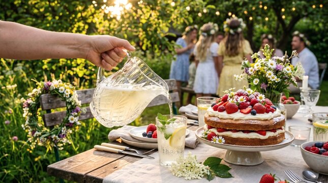 Pouring lemonade by a strawberry cake at a sunlit midsummer garden party