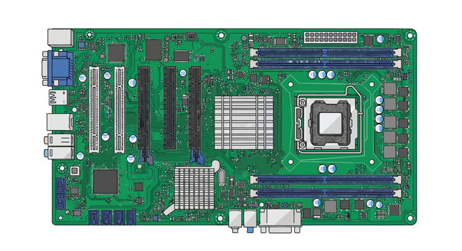 Green circuit board with blue ports and silver connectors