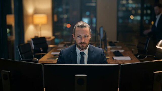 Trader Works Through Entire Night While Time Passes Around Him &mdash; Time Lapse Office as Colleagues Leave and Morning Team Arrives