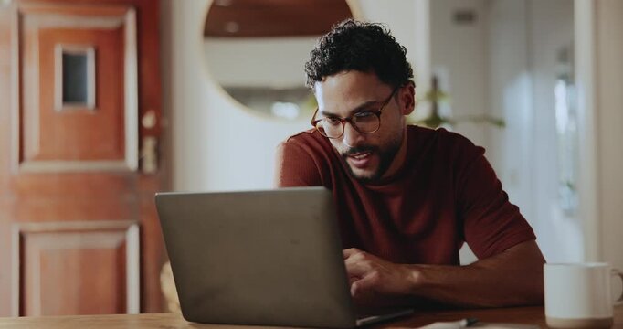 Creative, glasses and man with laptop, home or research for article, remote work and email marketing. Copywriting, freelancer and person with tech for ad campaign on web, typing and reading blog post