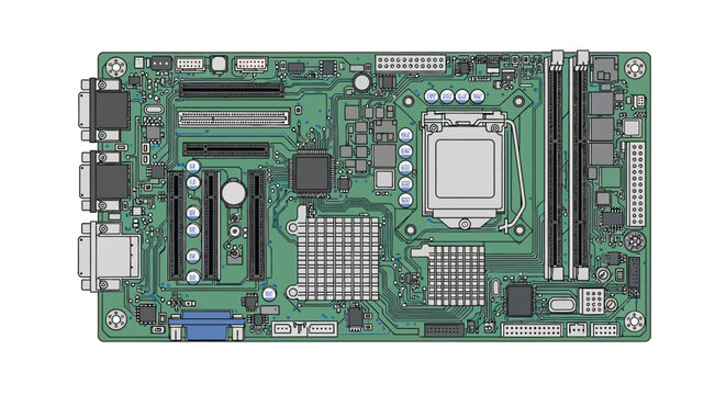 Green circuit board with connectors and capacitors