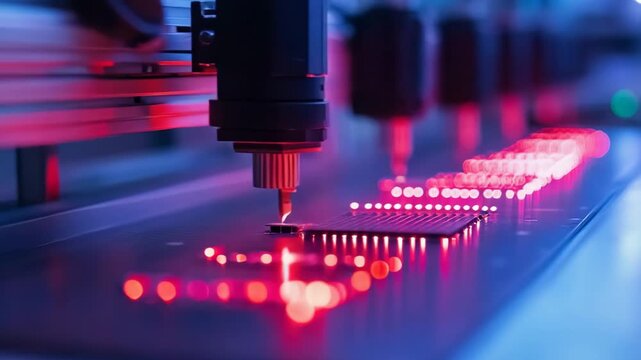 selective focus high tech production line assembling electronic components onto circuit boards with automated precision systems