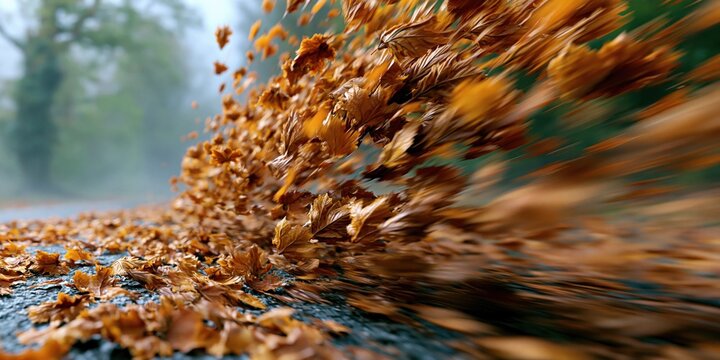 Windblown autumn leaves create a vibrant motion blur effect