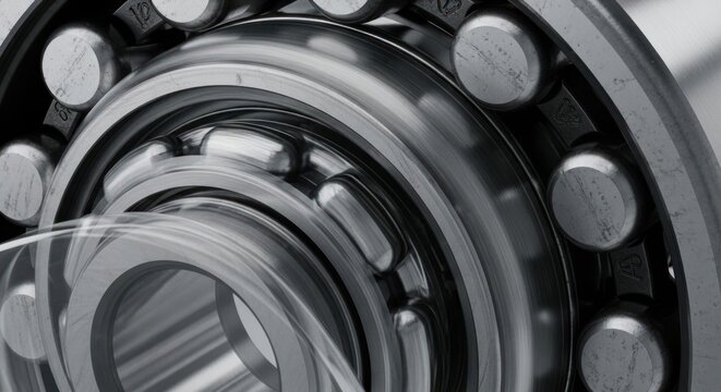 Close-up of a high-precision ball bearing with intricate metal components and smooth rolling elements.