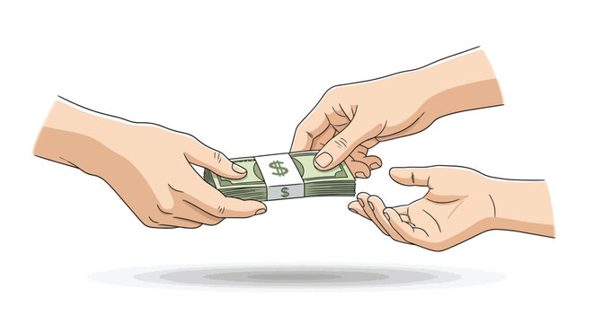 Hand holding stack of dollar bills with shadow on white background