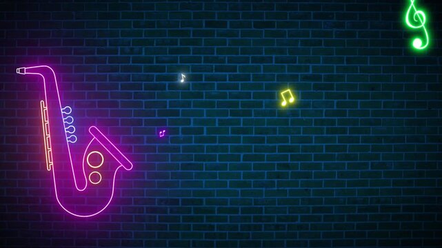 Colorful Neon lights with musical notes and Saxophone sign on brick wall background, Music background. podcast template loop animation