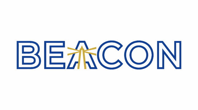 Beacon wordmark logo with lighthouse icon replacing the letter A in blue and gold colors on a white background