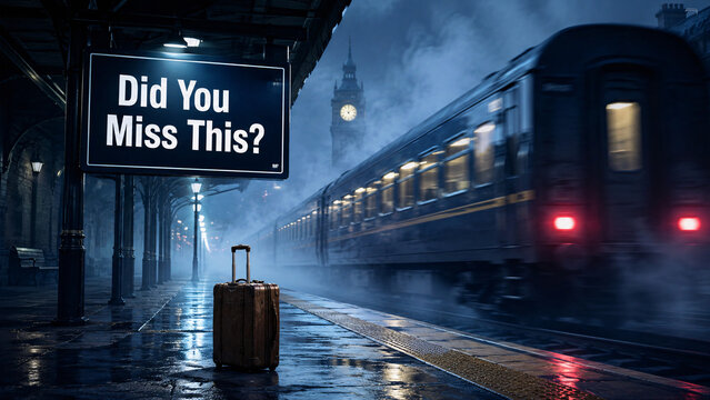 Station signboard displaying "Did You Miss This?" with a lonely suitcase as a train speeds away