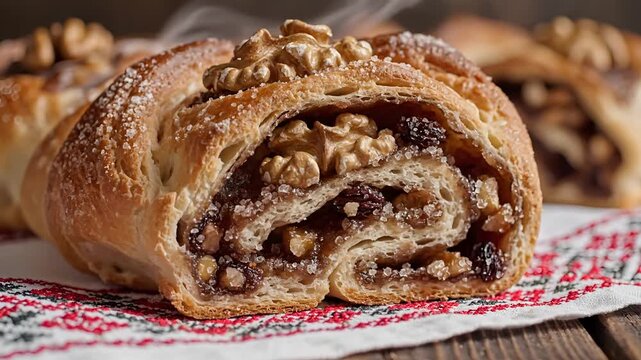 Delicious Homemade Walnut and Raisin Bread Roll Closeup.