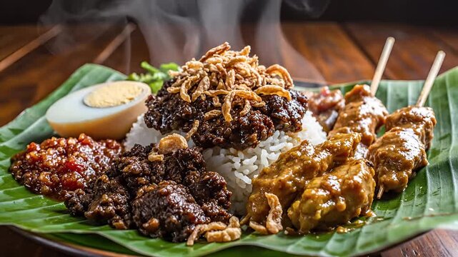 Delicious Indonesian Nasi Campur served on banana leaves with steam rising.
