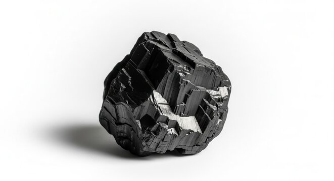 A single piece of black coal sits on a white background.