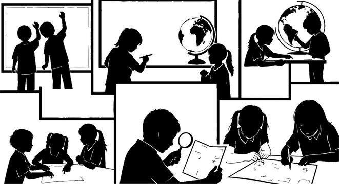Silhouette illustrations of various educational classroom activities.