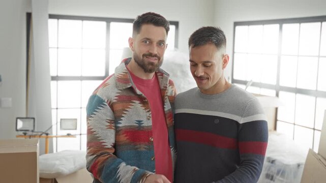 Two men exchange keys with smiling faces amid moving boxes inside an apartment building; new home joy.