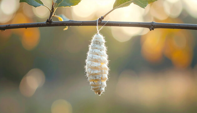 Hanging cocoon on branch against a blurred natural background