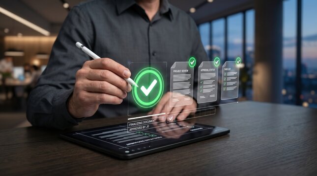 Business executive using digital stylus to approve documents on tablet with holographic interface, finalizing project review and approval status in modern corporate office
