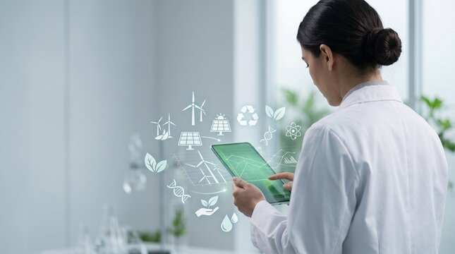 Female scientist analyzing sustainable energy solutions and ecosystem balance using a tablet with green technology icons in a laboratory.