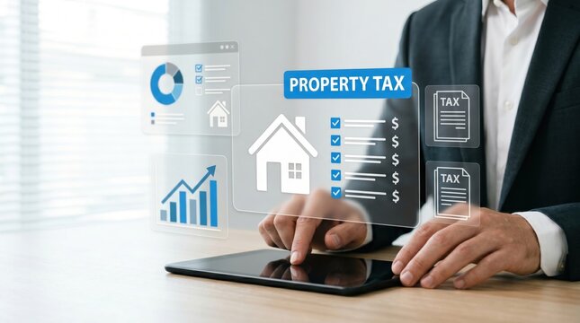 Businessman calculating property tax and financial planning using a tablet with virtual interface showing house icon and tax documents.