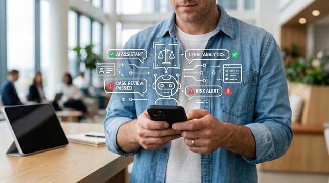 Man using smartphone with AI legal assistant hologram overlay, displaying case review, risk alert and legal analytics features, artificial intelligence transforming law practice